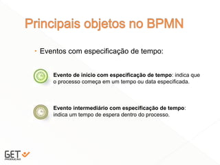  Eventos com especificação de tempo:
10
Evento de início com especificação de tempo: indica que
o processo começa em um tempo ou data especificada.
Evento intermediário com especificação de tempo:
indica um tempo de espera dentro do processo.
 
