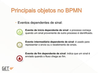  Eventos dependentes de sinal:
12
Evento de início dependente de sinal: o processo começa
quando um sinal proveniente de outro processo é identificado.
Evento intermediário dependente de sinal: é usado para
representar o envio ou o recebimento de sinais.
Evento de fim dependente de sinal: indica que um sinal é
enviado quando o fluxo chega ao fim.
 