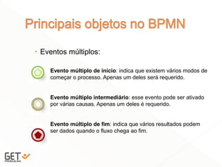  Eventos múltiplos:
13
Evento múltiplo de início: indica que existem vários modos de
começar o processo. Apenas um deles será requerido.
Evento múltiplo intermediário: esse evento pode ser ativado
por várias causas. Apenas um deles é requerido.
Evento múltiplo de fim: indica que vários resultados podem
ser dados quando o fluxo chega ao fim.
 