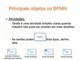  Atividades:
› Tarefa é uma atividade simples usada quando
trabalho não pode ser dividido em mais detalhes.
› As tarefas podem ser de vários tipos, dentre
eles:
17
Serviço: a tarefa é
realizada pelo sistema
Tarefa recebida Envio de tarefa Tarefa manual
 