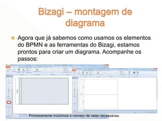  Agora que já sabemos como usamos os elementos
do BPMN e as ferramentas do Bizagi, estamos
prontos para criar um diagrama. Acompanhe os
passos:
44
Primeiramente incluímos o número de raias necessárias
 