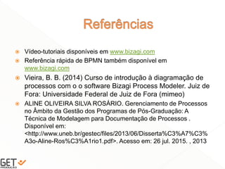  Vídeo-tutoriais disponíveis em www.bizagi.com
 Referência rápida de BPMN também disponível em
www.bizagi.com
 Vieira, B. B. (2014) Curso de introdução à diagramação de
processos com o o software Bizagi Process Modeler. Juiz de
Fora: Universidade Federal de Juiz de Fora (mimeo)
 ALINE OLIVEIRA SILVA ROSÁRIO. Gerenciamento de Processos
no Âmbito da Gestão dos Programas de Pós-Graduação: A
Técnica de Modelagem para Documentação de Processos .
Disponível em:
<http://www.uneb.br/gestec/files/2013/06/Disserta%C3%A7%C3%
A3o-Aline-Ros%C3%A1rio1.pdf>. Acesso em: 26 jul. 2015. , 2013
50
 