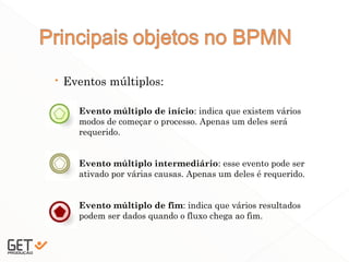  Eventos múltiplos:
13
Evento múltiplo de início: indica que existem vários
modos de começar o processo. Apenas um deles será
requerido.
Evento múltiplo intermediário: esse evento pode ser
ativado por várias causas. Apenas um deles é requerido.
Evento múltiplo de fim: indica que vários resultados
podem ser dados quando o fluxo chega ao fim.
 