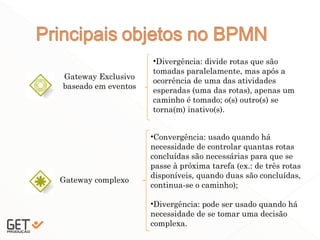 21
Gateway Exclusivo
baseado em eventos
•Divergência: divide rotas que são
tomadas paralelamente, mas após a
ocorrência de uma das atividades
esperadas (uma das rotas), apenas um
caminho é tomado; o(s) outro(s) se
torna(m) inativo(s).
Gateway complexo
•Convergência: usado quando há
necessidade de controlar quantas rotas
concluídas são necessárias para que se
passe à próxima tarefa (ex.: de três rotas
disponíveis, quando duas são concluídas,
continua-se o caminho);
•Divergência: pode ser usado quando há
necessidade de se tomar uma decisão
complexa.
 