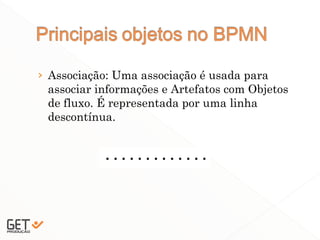 › Associação: Uma associação é usada para
associar informações e Artefatos com Objetos
de fluxo. É representada por uma linha
descontínua.
23
 