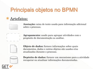  Artefatos:
24
Anotação: caixa de texto usada para informação adicional
sobre o processo.
Agrupamento: usado para agrupar atividades com o
propósito de documentação ou análise.
Objeto de dados: fornece informações sobre quais
documentos, dados e outros objetos são usados e/ou
atualizados durante o processo.
Depósito de dados: fornece um mecanismo para a atividade
recuperar ou atualizar informações documentadas.
 