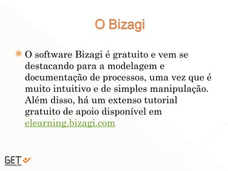  O software Bizagi é gratuito e vem se
destacando para a modelagem e
documentação de processos, uma vez que é
muito intuitivo e de simples manipulação.
Além disso, há um extenso tutorial
gratuito de apoio disponível em
elearning.bizagi.com
25
 
