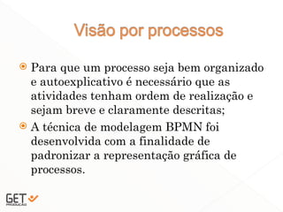  Para que um processo seja bem organizado
e autoexplicativo é necessário que as
atividades tenham ordem de realização e
sejam breve e claramente descritas;
 A técnica de modelagem BPMN foi
desenvolvida com a finalidade de
padronizar a representação gráfica de
processos.
 