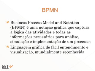  Business Process Model and Notation
(BPMN) é uma notação gráfica que captura
a lógica das atividades e todas as
informações necessárias para análise,
simulação e implementação de um processo;
 Linguagem gráfica de fácil entendimento e
visualização, mundialmente reconhecida.
5
 