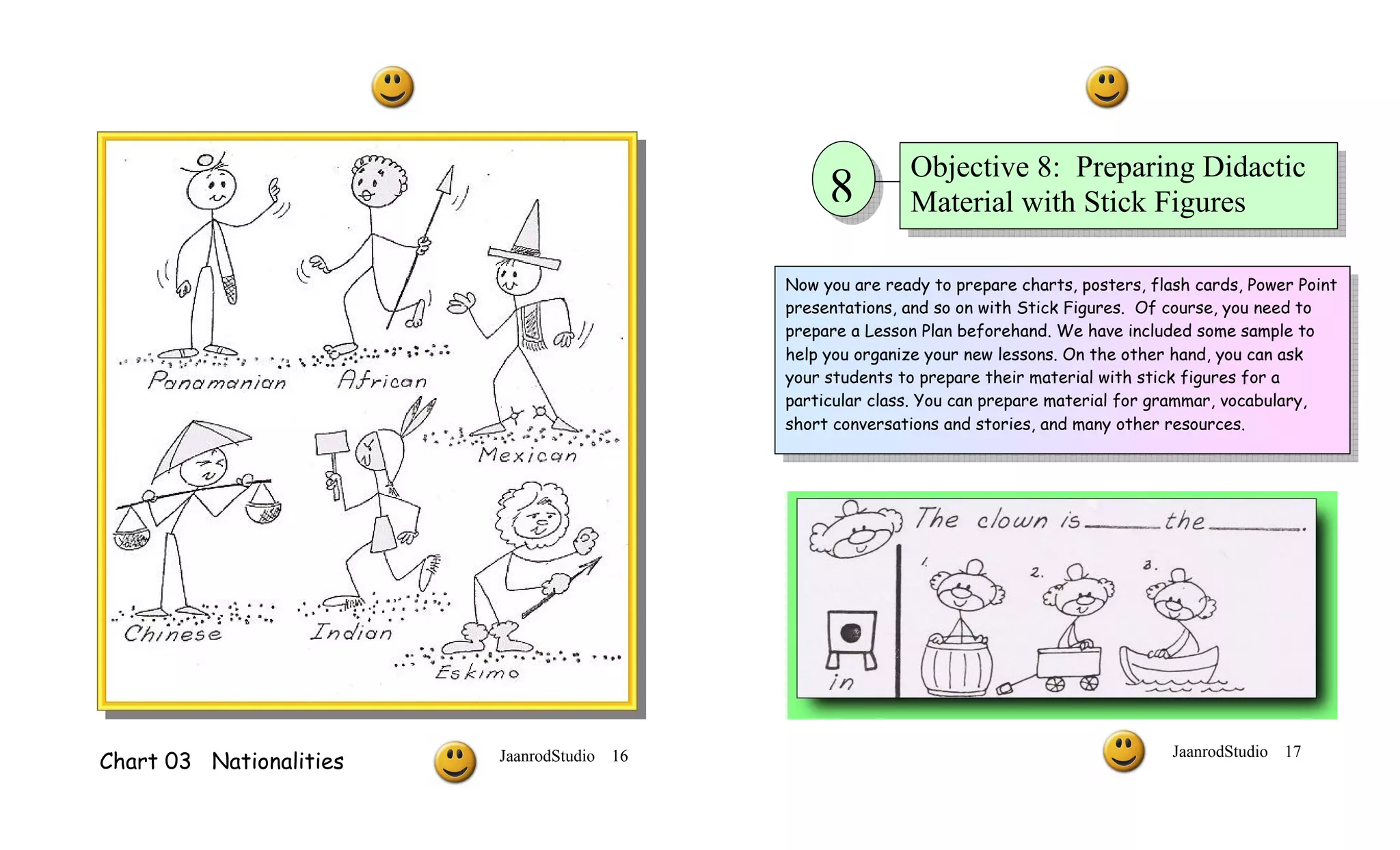 Objective 8: Preparing Didactic
                                                   8         Material with Stick Figures

                                              Now you are ready to prepare charts, posters, flash cards, Power Point
                                              presentations, and so on with Stick Figures. Of course, you need to
                                              prepare a Lesson Plan beforehand. We have included some sample to
                                              help you organize your new lessons. On the other hand, you can ask
                                              your students to prepare their material with stick figures for a
                                              particular class. You can prepare material for grammar, vocabulary,
                                              short conversations and stories, and many other resources.




                         JaanrodStudio   16                                                    JaanrodStudio   17
Chart 03 Nationalities
 