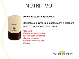 NUTRITIVO
Hino´s Face Gel Nutritivo 50g
Revitaliza a aparência da pele, nutre e colabora
para a regeneração epidérmica.
Colágeno
Óleo de semente de uva
Óleo de germem de trigo
Óleo de erva doce
Óleo de rosa mosqueta
Elastina.

 