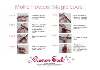 Mollie Flowers: Magic Loop
Step 1

Loop the yarn once (or a
couple of times) around
your finger

Step 2

Put your hook through the
loop, bring through the
long yarn length, then pull
through yarn again
(This does not count as a
stitch)

Step 3

Single crochet around the
loop

Step 4

Single crochet around the
loop, until you have five
stitches on the loop

Step 5

Pull the short length of
yarn and the stitches will
start to curl – pull it tight

Step 6

Slip stitch into the first
single crochet to create a
firm circle

Step 7
Cut yarn and pull through
stitch

Step 8

6

1

5
2
4
3

Tutorial by Brigitte Read
Blog: http/www.littlegreen.typepad.com/romansock/
Report a problem: brigitte.read@gmail.com

Although you have 5
stitches the casting off
splits a stitch in two, so
the 5 stitches gives you six
finished stitches

 