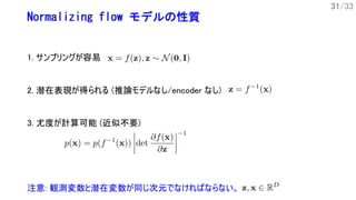 31/33
Normalizing flow モデルの性質
1. サンプリングが容易
3. 尤度が計算可能 (近似不要)
注意: 観測変数と潜在変数が同じ次元でなければならない。
2. 潜在表現が得られる (推論モデルなし/encoder なし)
 
