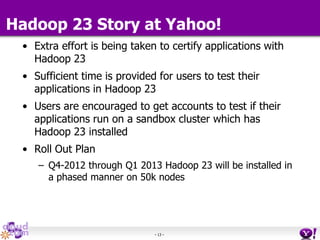 - 13 -
Hadoop 23 Story at Yahoo!
• Extra effort is being taken to certify applications with
Hadoop 23
• Sufficient time is provided for users to test their
applications in Hadoop 23
• Users are encouraged to get accounts to test if their
applications run on a sandbox cluster which has
Hadoop 23 installed
• Roll Out Plan
– Q4-2012 through Q1 2013 Hadoop 23 will be installed in
a phased manner on 50k nodes
 