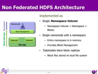 - 17 -
Non Federated HDFS Architecture
Implemented as
• Single Namespace Volume
– Namespace Volume = Namespace +
Blocks
• Single namenode with a namespace
– Entire namespace is in memory
– Provides Block Management
• Datanodes store block replicas
– Block files stored on local file system
BlockStorageNamespace
Namenode
Block Management
NS
Storage
Datanode Datanode
NS
 