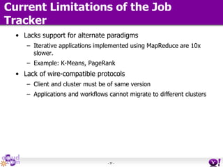 - 37 -
Current Limitations of the Job
Tracker
• Lacks support for alternate paradigms
– Iterative applications implemented using MapReduce are 10x
slower.
– Example: K-Means, PageRank
• Lack of wire-compatible protocols
– Client and cluster must be of same version
– Applications and workflows cannot migrate to different clusters
 