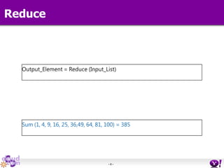 - 8 -
Output_Element = Reduce (Input_List)
Sum (1, 4, 9, 16, 25, 36,49, 64, 81, 100) = 385
Reduce
 
