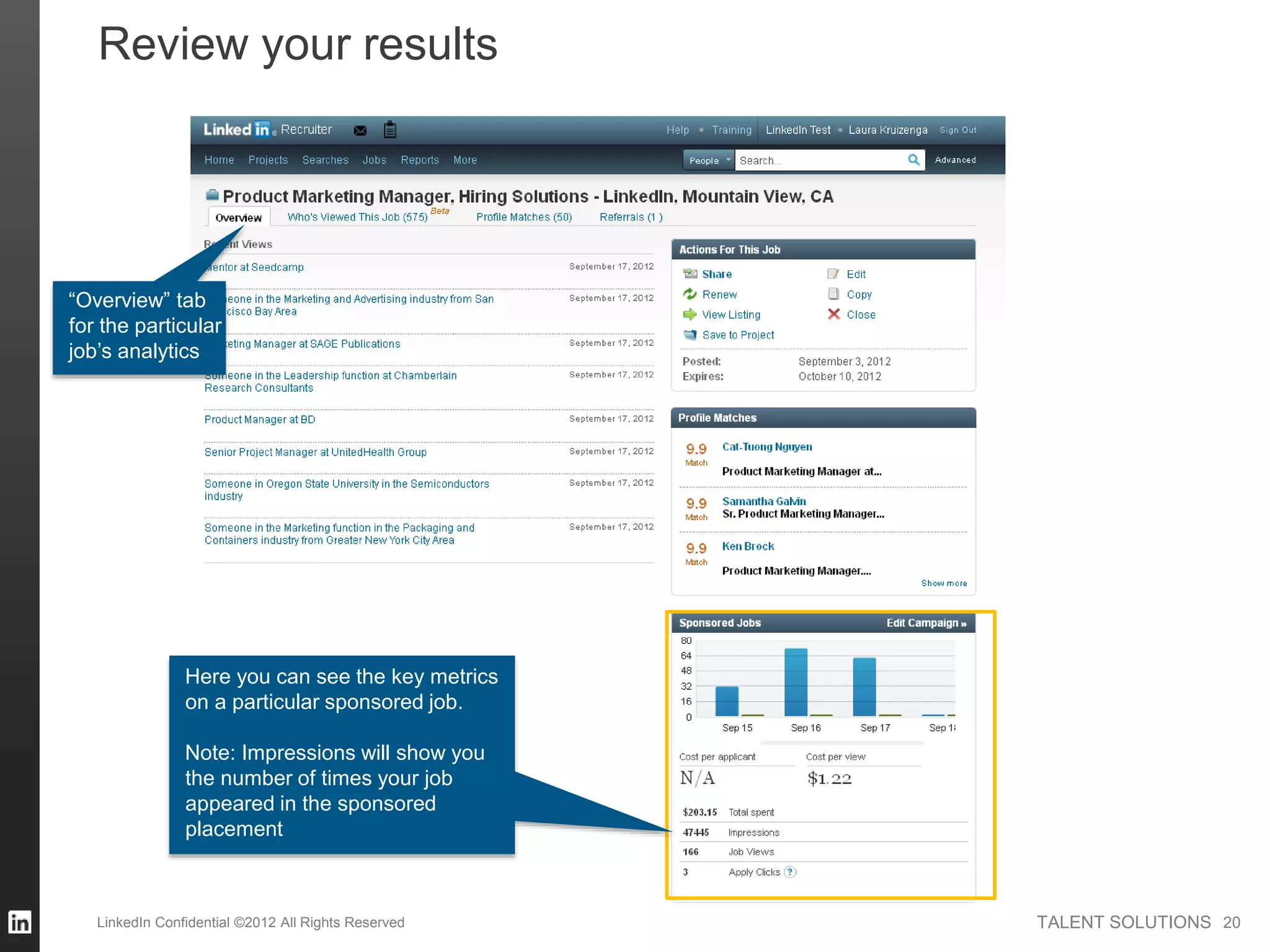 TALENT SOLUTIONSLinkedIn Confidential ©2012 All Rights Reserved 20
Review your results
Here you can see the key metrics
on a particular sponsored job.
Note: Impressions will show you
the number of times your job
appeared in the sponsored
placement
“Overview” tab
for the particular
job’s analytics
 
