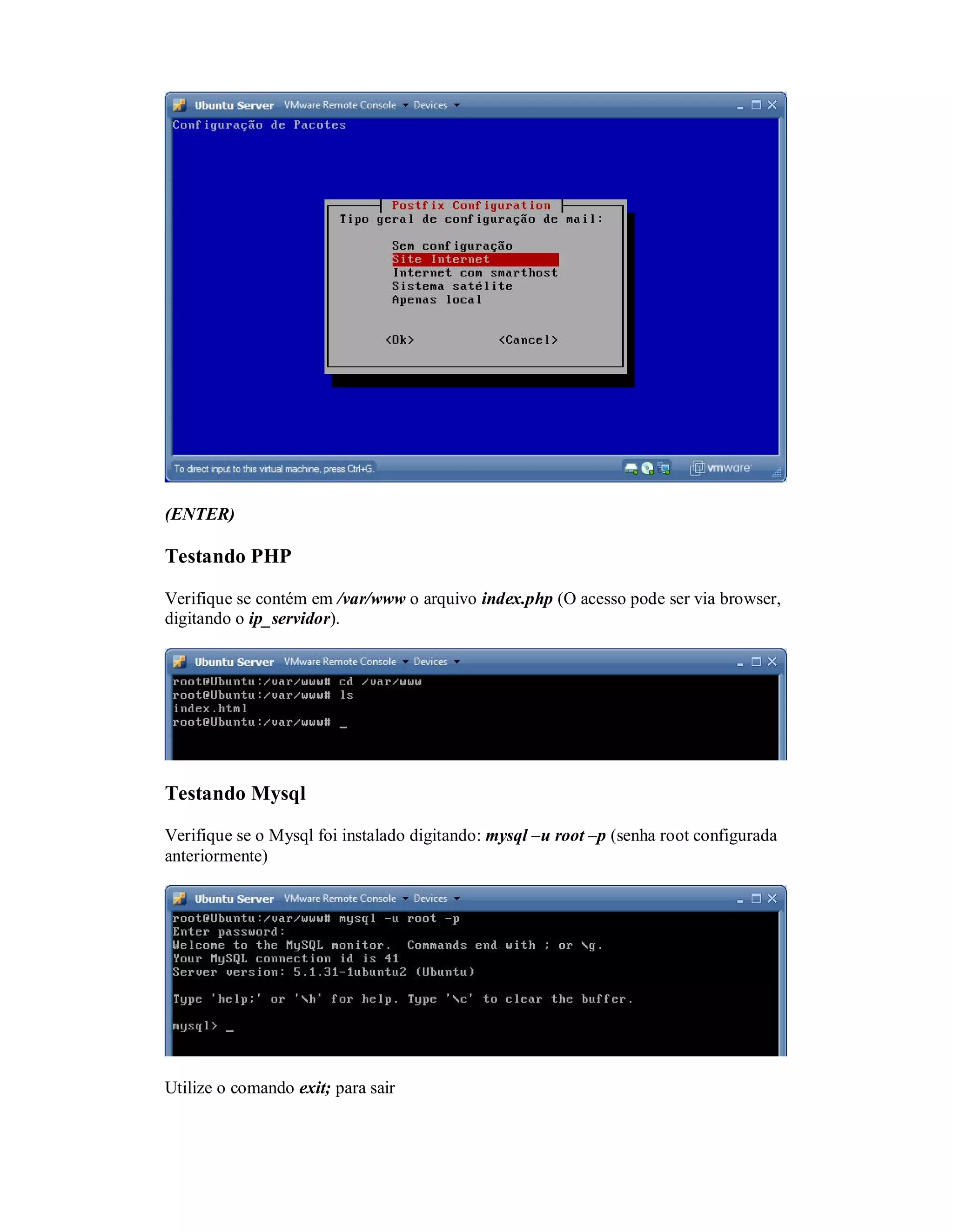 (ENTER)
Testando PHP
Verifique se contém em /var/www o arquivo index.php (O acesso pode ser via browser,
digitando o ip_servidor).
Testando Mysql
Verifique se o Mysql foi instalado digitando: mysql –u root –p (senha root configurada
anteriormente)
Utilize o comando exit; para sair
 