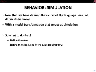 Introductory Tutorial
• Now that we have defined the syntax of the language,
we shall define its behavior
• With a model transformation that serves as simulation
• So how to do that?
– Define the rules
– Define the scheduling of the rules (control flow)
23
 