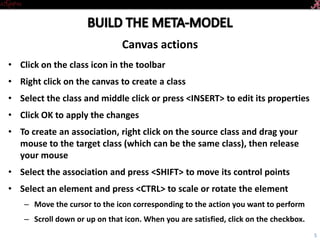 Introductory Tutorial
• Click on the Class icon in the toolbar
• Right click on the canvas to create a class
• To edit its properties, middle click on the class with no selection, or select the class and
press <INSERT>
• Click OK to apply the changes
• To create an association, right click on the source class and drag your mouse to the target
class (which can be the same class), then release your mouse
• Select the association and press <SHIFT> to move its control points
• Select an element and press <CTRL> to scale or rotate the element
– Move the cursor to the icon corresponding to the action you want to perform
– Scroll down or up on that icon. When you are satisfied, click on the checkbox
Canvas actions
5
 