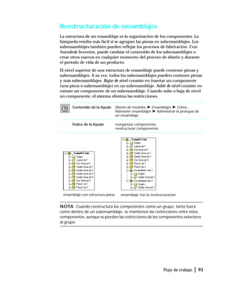 Flujo de trabajo | 93
Reestructuración de ensamblajes
La estructura de un ensamblaje es la organización de los componentes. La
búsqueda resulta más fácil si se agrupan las piezas en subensamblajes. Los
subensamblajes también pueden reflejar los procesos de fabricación. Con
Autodesk Inventor, puede cambiar el contenido de los subensamblajes o
crear otros nuevos en cualquier momento del proceso de diseño y durante
el período de vida de un producto.
El nivel superior de una estructura de ensamblaje puede contener piezas y
subensamblajes. A su vez, todos los subensamblajes pueden contener piezas
y más subensamblajes. Bajar de nivel consiste en insertar un componente
(una pieza o subensamblaje) en un subensamblaje. Subir de nivel consiste en
extraer un componente de un subensamblaje. Cuando sube o baja de nivel
un componente, el sistema elimina las restricciones.
NOTA Cuando reestructura los componentes como un grupo, tanto fuera
como dentro de un subensamblaje, se mantienen las restricciones entre estos
componentes, aunque se pierden las restricciones de los componentes exteriores
al grupo.
Contenido de la Ayuda Diseño de modelos ➤ Ensamblajes ➤ Cómo...
Mantener ensamblajes ➤ Administrar la jerarquía de
un ensamblaje
Índice de la Ayuda reorganizar componentes
reestructurar componentes
ensamblaje con estructura plana ensamblaje tras la reestructuración
 