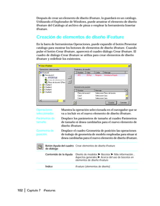 102 | Capítulo 7 iFeatures
Después de crear un elemento de diseño iFeature, lo guardará en un catálogo.
Utilizando el Explorador de Windows, puede arrastrar el elemento de diseño
iFeature del Catálogo al archivo de pieza o emplear la herramienta Insertar
iFeature.
Creación de elementos de diseño iFeature
En la barra de herramientas Operaciones, puede expandir el botón Presentar
catálogo para mostrar los botones de elementos de diseño iFeature. Cuando
pulse el botón Crear iFeature, aparecerá el cuadro diálogo Crear iFeature. El
cuadro de diálogo Crear iFeature se utiliza para crear elementos de diseño
iFeature y redefinir los existentes.
Operaciones
seleccionadas
Muestra la operación seleccionada en el navegador que se
va a incluir en el nuevo elemento de diseño iFeature.
Parámetros de
tamaño
Desplace los parámetros de tamaño al cuadro Parámetros
de tamaño si desea cambiarlos para el nuevo elemento de
diseño iFeature.
Geometría de
posición
Desplace el cuadro Geometría de posición las operaciones
de trabajo de geometría de modelo empleadas para situar si
desea cambiarlas para el nuevo elemento de diseño iFeature.
Botón Ayuda del cuadro
de diálogo
Crear elementos de diseño iFeature
Contenido de la Ayuda Diseño de modelos ➤ Bocetos ➤ Más información...
Aspectos generales ➤ Acerca del uso de bocetos en
elementos de diseño iFeature
Índice iFeature (elementos de diseño)
 