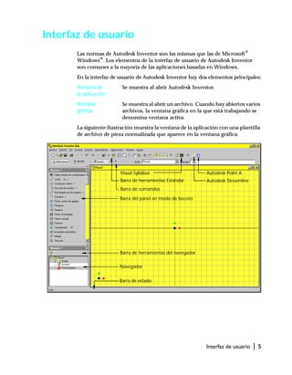 Interfaz de usuario | 5
Interfaz de usuario
Las normas de Autodesk Inventor son las mismas que las de Microsoft®
Windows®
. Los elementos de la interfaz de usuario de Autodesk Inventor
son comunes a la mayoría de las aplicaciones basadas en Windows.
En la interfaz de usuario de Autodesk Inventor hay dos elementos principales:
Ventana de
la aplicación
Se muestra al abrir Autodesk Inventor.
Ventana
gráfica
Se muestra al abrir un archivo. Cuando hay abiertos varios
archivos, la ventana gráfica en la que está trabajando se
denomina ventana activa.
La siguiente ilustración muestra la ventana de la aplicación con una plantilla
de archivo de pieza normalizada que aparece en la ventana gráfica.
Barra de herramientas Estándar
Barra del panel en modo de boceto
Barra de herramientas del navegador
Navegador
Barra de comandos
Barra de estado
Visual Syllabus Autodesk Point A
Autodesk Streamline
 