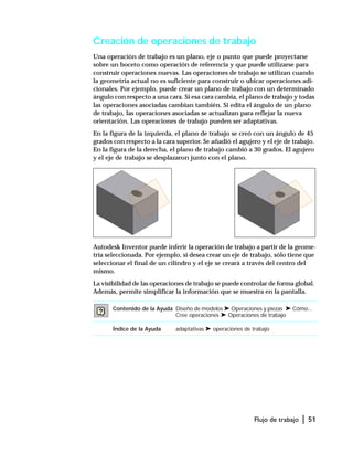 Flujo de trabajo | 51
Creación de operaciones de trabajo
Una operación de trabajo es un plano, eje o punto que puede proyectarse
sobre un boceto como operación de referencia y que puede utilizarse para
construir operaciones nuevas. Las operaciones de trabajo se utilizan cuando
la geometría actual no es suficiente para construir o ubicar operaciones adi-
cionales. Por ejemplo, puede crear un plano de trabajo con un determinado
ángulo con respecto a una cara. Si esa cara cambia, el plano de trabajo y todas
las operaciones asociadas cambian también. Si edita el ángulo de un plano
de trabajo, las operaciones asociadas se actualizan para reflejar la nueva
orientación. Las operaciones de trabajo pueden ser adaptativas.
En la figura de la izquierda, el plano de trabajo se creó con un ángulo de 45
grados con respecto a la cara superior. Se añadió el agujero y el eje de trabajo.
En la figura de la derecha, el plano de trabajo cambió a 30 grados. El agujero
y el eje de trabajo se desplazaron junto con el plano.
Autodesk Inventor puede inferir la operación de trabajo a partir de la geome-
tría seleccionada. Por ejemplo, si desea crear un eje de trabajo, sólo tiene que
seleccionar el final de un cilindro y el eje se creará a través del centro del
mismo.
La visibilidad de las operaciones de trabajo se puede controlar de forma global.
Además, permite simplificar la información que se muestra en la pantalla.
Contenido de la Ayuda Diseño de modelos ➤ Operaciones y piezas ➤ Cómo...
Cree operaciones ➤ Operaciones de trabajo
Índice de la Ayuda adaptativas ➤ operaciones de trabajo
 