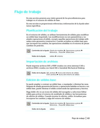 Flujo de trabajo | 63
Flujo de trabajo
En esta sección presenta una visión general de los procedimientos para
trabajar en el entorno de sólidos de base.
En esta sección se proporcionan referencias a información de la Ayuda sobre
tareas específicas.
Planificación del trabajo
En el entorno de sólidos, se utilizan herramientas de sólidos para modificar
un sólido base importado. Las modificaciones no son paramétricas y no
añaden operaciones al sólido, excepto aquellas operaciones de trabajo utili-
zadas como geometría constructiva. Cuando actualiza un sólido base para
que incorpore los cambios, las operaciones añadidas en el entorno de piezas
cambian de posición.
Importación de archivos
Puede importar archivos SAT y STEP creados con otros sistemas CAD y
archivos DWG creados con AutoCAD o Autodesk Mechanical Desktop.
Edición de sólidos base
Se puede ampliar o contraer un sólido base, o manipular y eliminar las caras.
Después de añadir geometría del boceto y operaciones basadas en boceto a un
sólido base, puede eliminar el sólido conservando las operaciones y bocetos.
Haga doble clic en un icono de sólidos del navegador y seleccione Editar
sólido para activar el entorno de modelado de sólidos y las herramientas
de edición de sólidos. Cuando termine la edición, utilice Actualizar para
incorporar los cambios y salga del entorno de sólidos.
Contenido de la Ayuda Diseño de modelos ➤ Operaciones y piezas ➤
Referencia... Piezas ➤ Sólidos base
Índice de la Ayuda sólidos ➤ entorno
Índice de la Ayuda SAT, archivos ➤ Acerca del entorno de sólidos
STEP, archivos ➤ Acerca del entorno de sólidos
Contenido de la Ayuda Diseño de modelos ➤ Operaciones y piezas ➤
Referencia... Piezas ➤ Sólidos base
Índice de la Ayuda sólidos
 