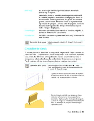 Flujo de trabajo | 69
ficha Hoja La ficha Hoja, establece parámetros que definen el
material y el espesor.
Desarrollo define el método de desplegado como Lineal
o Tabla de plegado. Con el método Desplegado lineal, se
introduce un porcentaje decimal del grosor del material
para el Desfase lineal. El desfase lineal es la posición del
eje neutral del pliegue. Con una tabla de plegado, el desfase
lineal se define por medio del tipo de material, espesor,
radio y ángulo de plegado.
Ficha Pliegue Establece parámetros que definen el radio de plegado, la
forma de destalonado y el tamaño.
Ficha Vértice Establece parámetros que definen la forma y el tamaño de
destalonado.
Creación de caras
El primer paso en el diseño de la mayoría de las piezas de chapa consiste en
crear una cara. La herramienta Cara es semejante a la de Extrusión de mode-
lado piezas. La diferencia principal estriba en que la herramienta Cara es
siempre una adición Booleana. La profundidad de extrusión es el grosor.
Puede crear un pliegue o un reborde mientras crea una nueva cara.
Contenido de la Ayuda Soluciones para la industria ➤ Chapa ➤ Referencia ➤
Estilos
Contenido de la Ayuda Soluciones para la industria ➤ Chapa ➤ Cómo...
Crear operaciones de chapa ➤ Operaciones basadas
en boceto ➤ Caras de chapa
Como el boceto coincide con la cara de chapa
existente, la herramienta Cara crea de forma
automática el pliegue y los desahogos de plegado.
Cuando un pliegue es cerrado con respecto a una
arista, el desahogo de plegado se extiende para
consumir el resto.
El plano de boceto se crea en la arista de la chapa.
Se realiza un boceto de la ficha con una arista que
coincide con la cara de chapa existente.
 