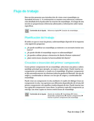 Flujo de trabajo | 81
Flujo de trabajo
Esta sección presenta una introducción de cómo crear ensamblajes en
Autodesk Inventor 5. A continuación se muestra una referencia a informa-
ción detallada de la Ayuda sobre la creación de ensamblajes. A lo largo de esta
sección se proporcionan referencias adicionales a información sobre tareas
específicas.
Planificación del trabajo
El orden en que se crean las piezas y subensamblajes depende de la respuesta
a las siguientes preguntas:
s ¿Se puede modificar un ensamblaje ya existente o es necesario iniciar uno
nuevo?
s ¿Se puede dividir el ensamblaje mayor en subensamblajes?
s ¿Se pueden utilizar piezas o elementos de diseño iFeature existentes?
s ¿Qué restricciones simulan la funcionalidad del diseño?
Creación o inserción del primer componente
Como primer componente de un ensamblaje, seleccione una pieza o suben-
samblaje principal (por ejemplo, un marco o placa base). Puede insertar un
componente ya existente o crearlo en el ensamblaje. El primer componente
se fija automáticamente (se eliminan todos los grados de libertad). Sus ejes de
origen y coordenadas se alinean con los ejes de origen y coordenadas del
ensamblaje.
Puede crear un componente in situ mediante el cuadro de diálogo Crear un
componente in situ. Las opciones son diferentes dependiendo de si trata del
primer componente o de aquéllos creados después de éste. Puede insertar tan-
tas copias del componente como desee. La primera copia del componente ya
está fija. Las otras copias no tienen restricciones de ensamblaje.
Contenido de la Ayuda Referencia rápida ➤ Creación de ensamblajes
Contenido de la Ayuda Diseño de modelos ➤ Ensamblajes ➤ Cómo...
Desarrollar componentes ➤ Insertar componentes ➤
Insertar el primer componente del ensamblaje
 