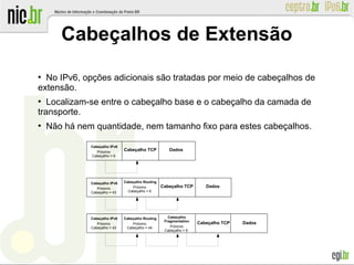 Cabeçalhos de Extensão
●
No IPv6, opções adicionais são tratadas por meio de cabeçalhos de
extensão.
●
Localizam-se entre o cabeçalho base e o cabeçalho da camada de
transporte.
●
Não há nem quantidade, nem tamanho fixo para estes cabeçalhos.
Cabeçalho IPv6
Próximo
Cabeçalho = 6
Cabeçalho TCP Dados
Cabeçalho Routing
Próximo
Cabeçalho = 6
Cabeçalho TCP Dados
Cabeçalho TCP Dados
Cabeçalho Routing
Próximo
Cabeçalho = 44
Cabeçalho
Fragmentation
Próximo
Cabeçalho = 6
Cabeçalho IPv6
Próximo
Cabeçalho = 43
Cabeçalho IPv6
Próximo
Cabeçalho = 43
 