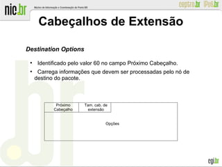 Cabeçalhos de Extensão
Destination Options
●
Identificado pelo valor 60 no campo Próximo Cabeçalho.
●
Carrega informações que devem ser processadas pelo nó de
destino do pacote.
Opções
Tam. cab. de
extensão
Próximo
Cabeçalho
 