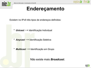 Endereçamento
Existem no IPv6 três tipos de endereços definidos:
●
Unicast → Identificação Individual
●
Anycast → Identificação Seletiva
●
Multicast → Identificação em Grupo
Não existe mais Broadcast.
 