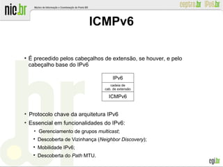 ●
É precedido pelos cabeçalhos de extensão, se houver, e pelo
cabeçalho base do IPv6
●
Protocolo chave da arquitetura IPv6
●
Essencial em funcionalidades do IPv6:
●
Gerenciamento de grupos multicast;

Descoberta de Vizinhança (Neighbor Discovery);

Mobilidade IPv6;

Descoberta do Path MTU.
ICMPv6
IPv6
cadeia de
cab. de extensão
ICMPv6
 