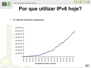 Por que utilizar IPv6 hoje?
●
A Internet continua crescendo
Quantidade de hosts na Internet
 