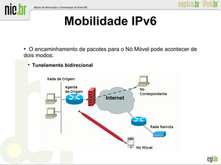 Mobilidade IPv6
●
O encaminhamento de pacotes para o Nó Móvel pode acontecer de
dois modos:

Tunelamento bidirecional
 