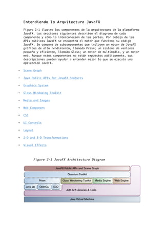 Entendiendo la Arquitectura JavaFX
Figura 2-1 ilustra los componentes de la arquitectura de la plataforma
JavaFX. Las secciones siguientes describen el diagrama de cada
componente y cómo la interconexión de las partes. Por debajo de las
APIs públicas JavaFX se encuentra el motor que funciona su código
JavaFX. Se compone de subcomponentes que incluyen un motor de JavaFX
gráficos de alto rendimiento, llamado Prism; un sistema de ventanas
pequeño y eficiente, llamado Glass; un motor de multimedia, y un motor
web. Aunque estos componentes no están expuestos públicamente, sus
descripciones pueden ayudar a entender mejor lo que se ejecuta una
aplicación JavaFX.
• Scene Graph
• Java Public APIs for JavaFX Features
• Graphics System
• Glass Windowing Toolkit
• Media and Images
• Web Component
• CSS
• UI Controls
• Layout
• 2-D and 3-D Transformations
• Visual Effects
Figure 2-1 JavaFX Architecture Diagram
 
