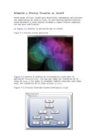 Animación y Efectos Visuales en JavaFX
Usted puede utilizar JavaFX para desarrollar rápidamente aplicaciones
con experiencias de usuario ricas. En este Getting Started tutorial,
usted aprenderá a crear objetos animados y lograr efectos complejos
con muy poca codificación.
La figura 7-1 muestra la aplicación que se creará.
Figura 7-1 Colorful Circles Aplicación
Figura 7-2 muestra el gráfico de la escena(Scene Graph) para la
aplicación “ColorfulCircles”. Los Node que raman son instancias de la
clase de Group, y los nodos no enramados también conocidos como nodos
hoja, son instancias de la clase Rectangle y Circle.
Figura 7-2 Círculos Coloridos Escena Gráfica(Scene Graph)
 