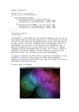 Ejemplo 7-6 Animación
Timeline timeline = new Timeline();
for (Node circle: circles.getChildren())
{
timeline.getKeyFrames().addAll(
new KeyFrame(Duration.ZERO, // set start position at 0
new KeyValue(circle.translateXProperty(), random() * 800),
new KeyValue(circle.translateYProperty(), random() * 600)
),
new KeyFrame(new Duration(40000), // set end position at 40s
new KeyValue(circle.translateXProperty(), random() * 800),
new KeyValue(circle.translateYProperty(), random() * 600)
)
);
}
// play 40s of animation
timeline.play();
La animación es controlada por una línea de tiempo(timeline), por lo que
este código crea una línea de tiempo(timeline), a continuación, utiliza
un bucle for para sumar dos fotogramas(frames) claves, para cada uno de
los 30 círculos. El primer fotograma clave en 0 segundos utiliza las
propiedades translateXProperty y translateYProperty para establecer una
posición aleatoria de los círculos dentro de la ventana. El segundo
fotograma clave en 40 segundos hace lo mismo. Por lo tanto, cuando se
reproduce la línea de tiempo, se anima a todos los círculos de una
posición al azar a otro durante un período de 40 segundos.
La Figura 7-8 muestra los 30 círculos de colores en movimiento, lo que
completa la solicitud. Para obtener el código fuente completo,
consulte el archivo ColorfulCircles.java, que se incluye en el archivo
descargable ColorfulCircles.zip…
Círculos Figura 7-8 animados
 