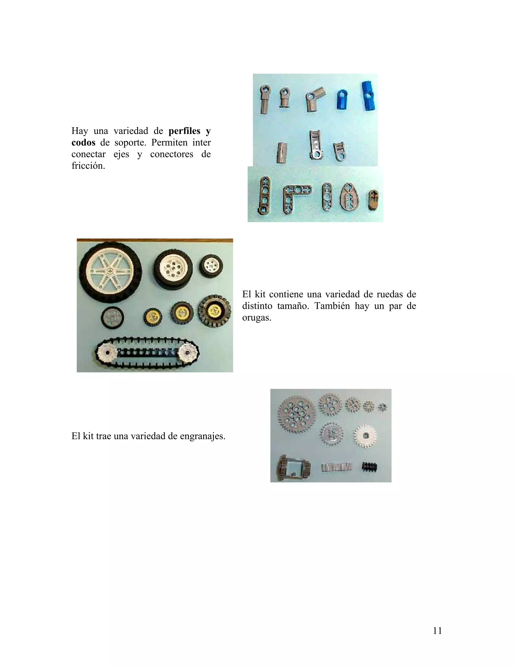 Hay una variedad de perfiles y
codos de soporte. Permiten inter
conectar ejes y conectores de
fricción.




                                          El kit contiene una variedad de ruedas de
                                          distinto tamaño. También hay un par de
                                          orugas.




El kit trae una variedad de engranajes.




                                                                                      11
 