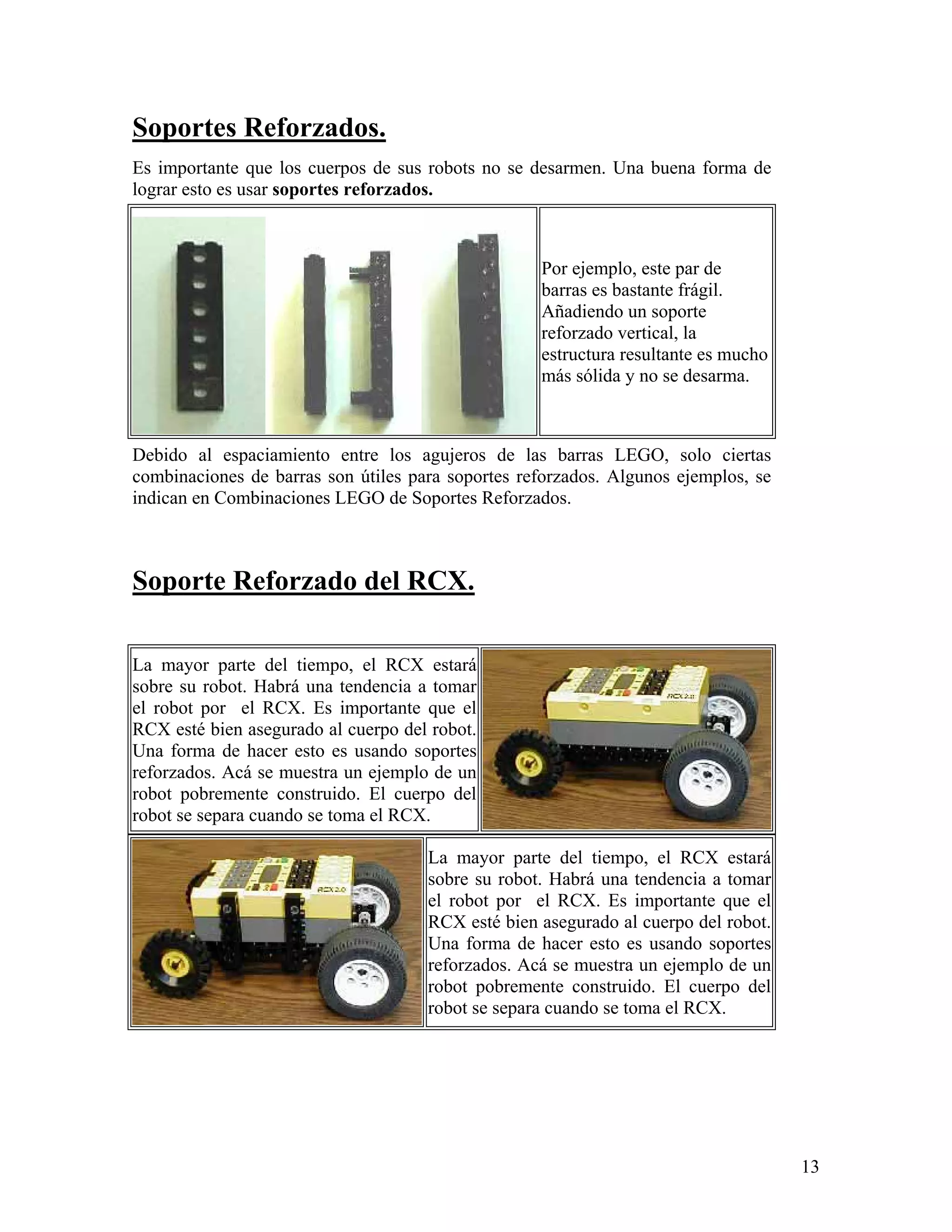 Soportes Reforzados.
Es importante que los cuerpos de sus robots no se desarmen. Una buena forma de
lograr esto es usar soportes reforzados.



                                                   Por ejemplo, este par de
                                                   barras es bastante frágil.
                                                   Añadiendo un soporte
                                                   reforzado vertical, la
                                                   estructura resultante es mucho
                                                   más sólida y no se desarma.



Debido al espaciamiento entre los agujeros de las barras LEGO, solo ciertas
combinaciones de barras son útiles para soportes reforzados. Algunos ejemplos, se
indican en Combinaciones LEGO de Soportes Reforzados.



Soporte Reforzado del RCX.

La mayor parte del tiempo, el RCX estará
sobre su robot. Habrá una tendencia a tomar
el robot por el RCX. Es importante que el
RCX esté bien asegurado al cuerpo del robot.
Una forma de hacer esto es usando soportes
reforzados. Acá se muestra un ejemplo de un
robot pobremente construido. El cuerpo del
robot se separa cuando se toma el RCX.

                                     La mayor parte del tiempo, el RCX estará
                                     sobre su robot. Habrá una tendencia a tomar
                                     el robot por el RCX. Es importante que el
                                     RCX esté bien asegurado al cuerpo del robot.
                                     Una forma de hacer esto es usando soportes
                                     reforzados. Acá se muestra un ejemplo de un
                                     robot pobremente construido. El cuerpo del
                                     robot se separa cuando se toma el RCX.




                                                                                    13
 