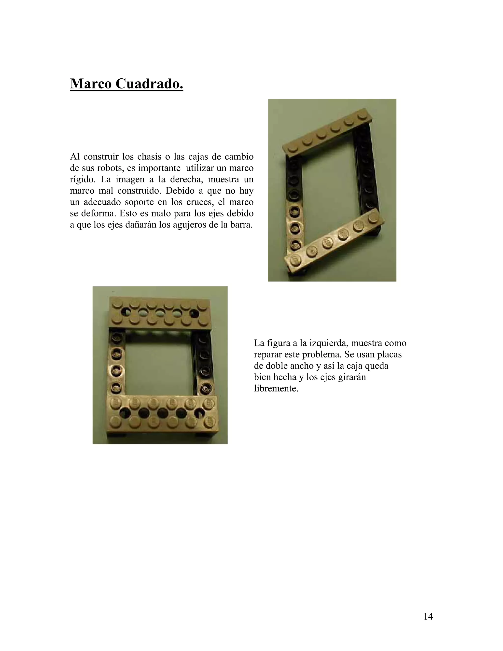 Marco Cuadrado.



Al construir los chasis o las cajas de cambio
de sus robots, es importante utilizar un marco
rígido. La imagen a la derecha, muestra un
marco mal construido. Debido a que no hay
un adecuado soporte en los cruces, el marco
se deforma. Esto es malo para los ejes debido
a que los ejes dañarán los agujeros de la barra.




                                                   La figura a la izquierda, muestra como
                                                   reparar este problema. Se usan placas
                                                   de doble ancho y así la caja queda
                                                   bien hecha y los ejes girarán
                                                   libremente.




                                                                                            14
 