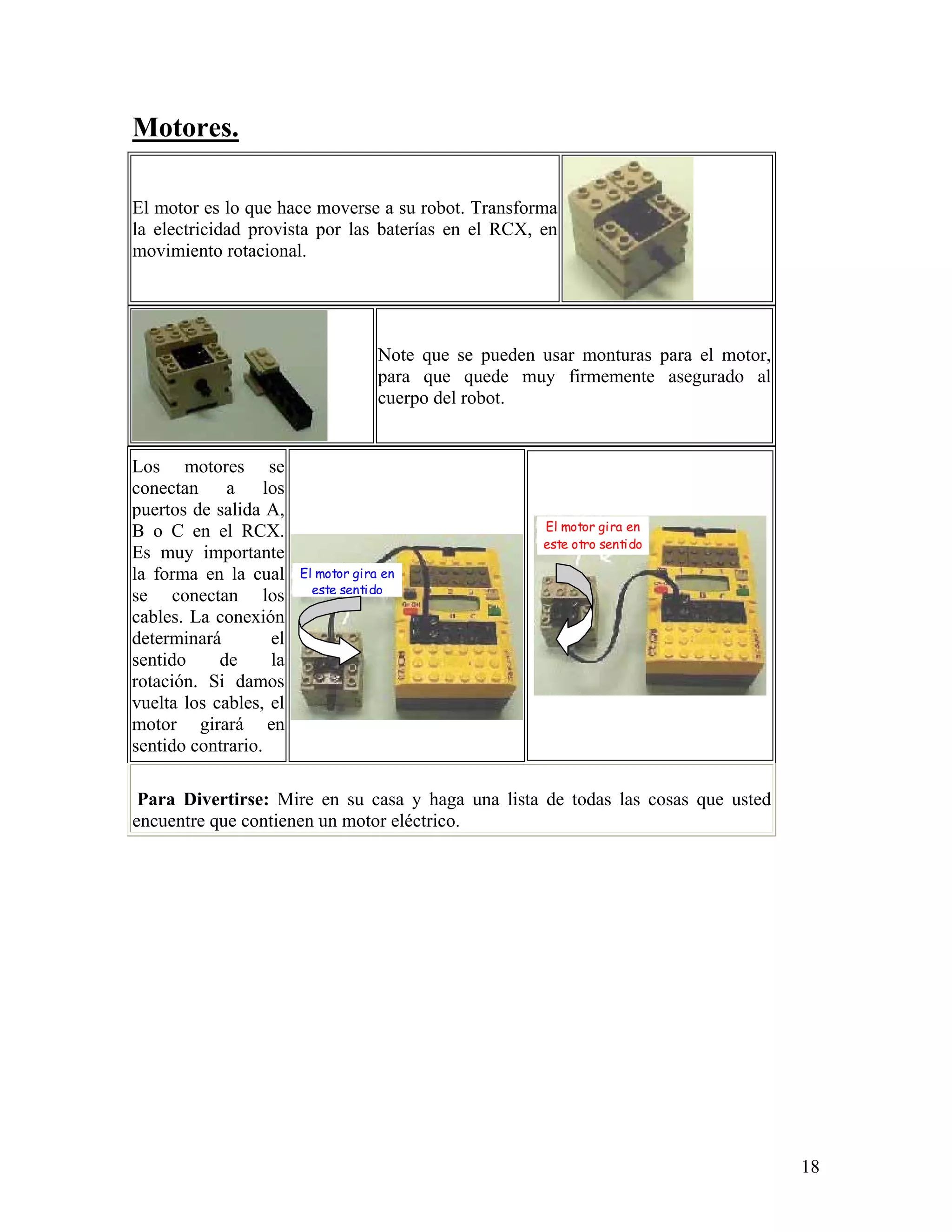 Motores.

El motor es lo que hace moverse a su robot. Transforma
la electricidad provista por las baterías en el RCX, en
movimiento rotacional.




                                     Note que se pueden usar monturas para el motor,
                                     para que quede muy firmemente asegurado al
                                     cuerpo del robot.


Los motores se
conectan a        los
puertos de salida A,
B o C en el RCX.                                        El motor gira en
                                                        este otro sentido
Es muy importante
la forma en la cual     El motor gira en
                          este sentido
se conectan los
cables. La conexión
determinará        el
sentido     de     la
rotación. Si damos
vuelta los cables, el
motor girará en
sentido contrario.

 Para Divertirse: Mire en su casa y haga una lista de todas las cosas que usted
encuentre que contienen un motor eléctrico.




                                                                                       18
 