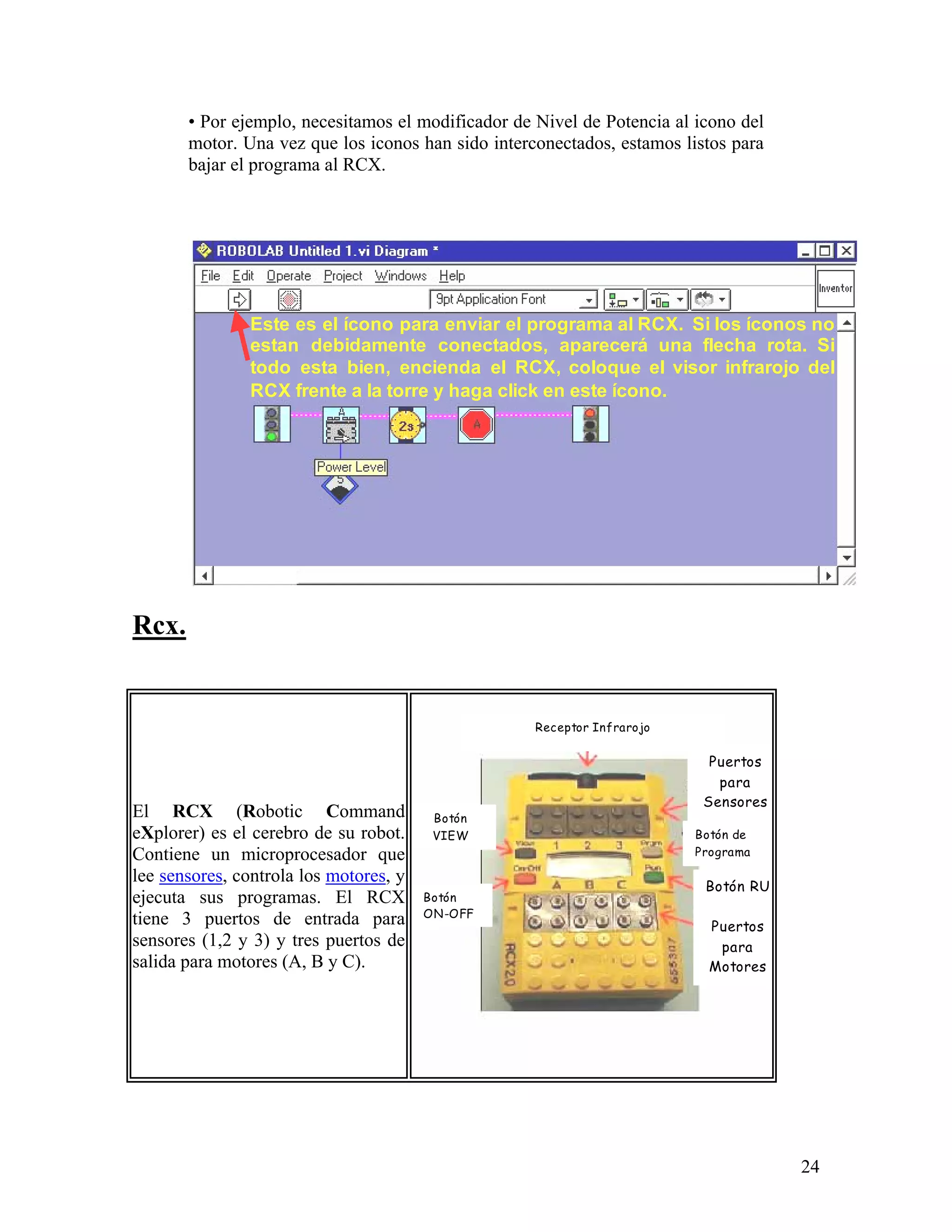 • Por ejemplo, necesitamos el modificador de Nivel de Potencia al icono del
       motor. Una vez que los iconos han sido interconectados, estamos listos para
       bajar el programa al RCX.




               Este es el ícono para enviar el programa al RCX. Si los íconos no
               estan debidamente conectados, aparecerá una flecha rota. Si
               todo esta bien, encienda el RCX, coloque el visor infrarojo del
               RCX frente a la torre y haga click en este ícono.




Rcx.


                                                    Receptor Infrarojo

                                                                           Puertos
                                                                            para
                                                                          Sensores
El RCX (Robotic Command                  Botón
eXplorer) es el cerebro de su robot.     VIEW                            Botón de
Contiene un microprocesador que                                          Programa

lee sensores, controla los motores, y
                                                                          Botón RU
ejecuta sus programas. El RCX           Botón
                                        ON-OFF
tiene 3 puertos de entrada para                                            Puertos
sensores (1,2 y 3) y tres puertos de                                        para
salida para motores (A, B y C).                                            Motores




                                                                                     24
 