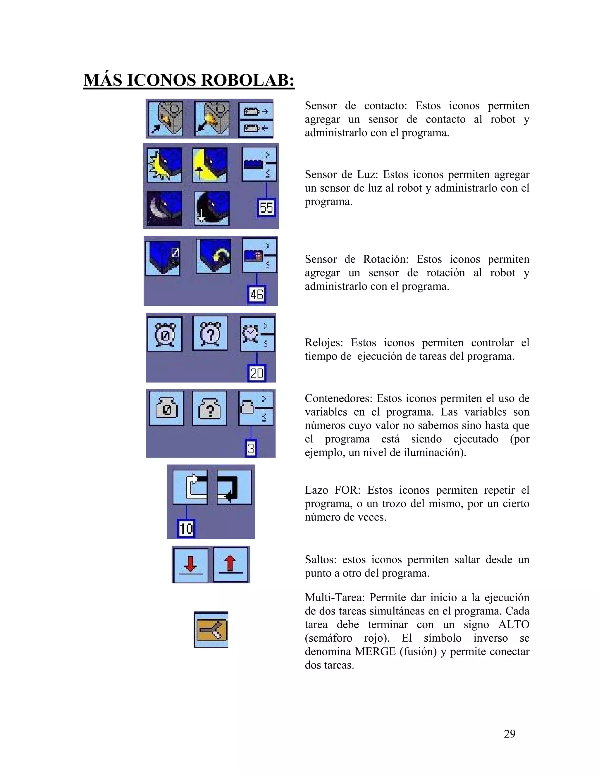 MÁS ICONOS ROBOLAB:
                      Sensor de contacto: Estos iconos permiten
                      agregar un sensor de contacto al robot y
                      administrarlo con el programa.


                      Sensor de Luz: Estos iconos permiten agregar
                      un sensor de luz al robot y administrarlo con el
                      programa.



                      Sensor de Rotación: Estos iconos permiten
                      agregar un sensor de rotación al robot y
                      administrarlo con el programa.



                      Relojes: Estos iconos permiten controlar el
                      tiempo de ejecución de tareas del programa.


                      Contenedores: Estos iconos permiten el uso de
                      variables en el programa. Las variables son
                      números cuyo valor no sabemos sino hasta que
                      el programa está siendo ejecutado (por
                      ejemplo, un nivel de iluminación).


                      Lazo FOR: Estos iconos permiten repetir el
                      programa, o un trozo del mismo, por un cierto
                      número de veces.


                      Saltos: estos iconos permiten saltar desde un
                      punto a otro del programa.

                      Multi-Tarea: Permite dar inicio a la ejecución
                      de dos tareas simultáneas en el programa. Cada
                      tarea debe terminar con un signo ALTO
                      (semáforo rojo). El símbolo inverso se
                      denomina MERGE (fusión) y permite conectar
                      dos tareas.




                                                                29
 