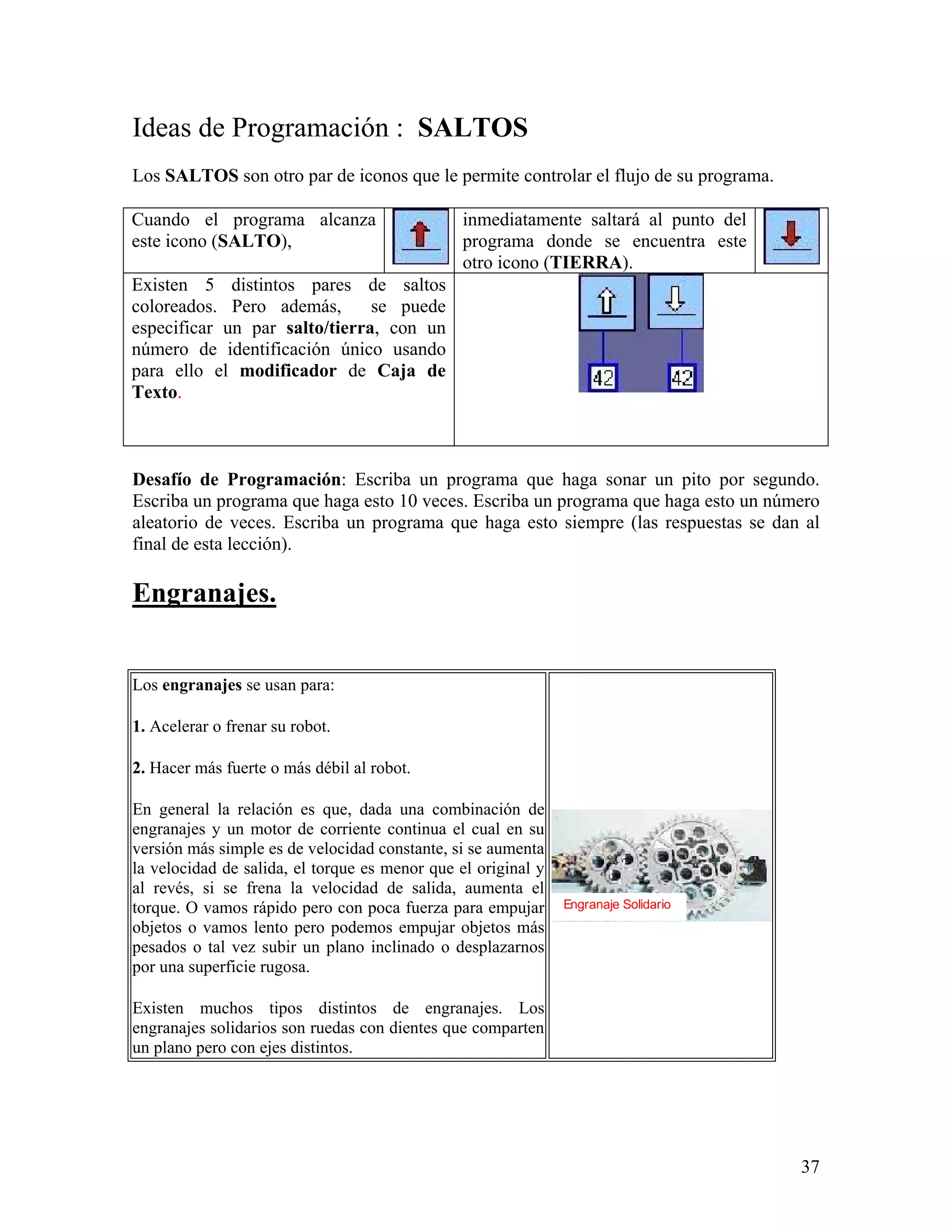 Ideas de Programación : SALTOS
Los SALTOS son otro par de iconos que le permite controlar el flujo de su programa.

Cuando el programa alcanza                      inmediatamente saltará al punto del
este icono (SALTO),                             programa donde se encuentra este
                                                otro icono (TIERRA).
Existen 5 distintos pares de saltos
coloreados. Pero además,       se puede
especificar un par salto/tierra, con un
número de identificación único usando
para ello el modificador de Caja de
Texto.



Desafío de Programación: Escriba un programa que haga sonar un pito por segundo.
Escriba un programa que haga esto 10 veces. Escriba un programa que haga esto un número
aleatorio de veces. Escriba un programa que haga esto siempre (las respuestas se dan al
final de esta lección).

Engranajes.


Los engranajes se usan para:

1. Acelerar o frenar su robot.

2. Hacer más fuerte o más débil al robot.

En general la relación es que, dada una combinación de
engranajes y un motor de corriente continua el cual en su
versión más simple es de velocidad constante, si se aumenta
la velocidad de salida, el torque es menor que el original y
al revés, si se frena la velocidad de salida, aumenta el
torque. O vamos rápido pero con poca fuerza para empujar       Engranaje Solidario
objetos o vamos lento pero podemos empujar objetos más
pesados o tal vez subir un plano inclinado o desplazarnos
por una superficie rugosa.

Existen muchos tipos distintos de engranajes. Los
engranajes solidarios son ruedas con dientes que comparten
un plano pero con ejes distintos.




                                                                                      37
 