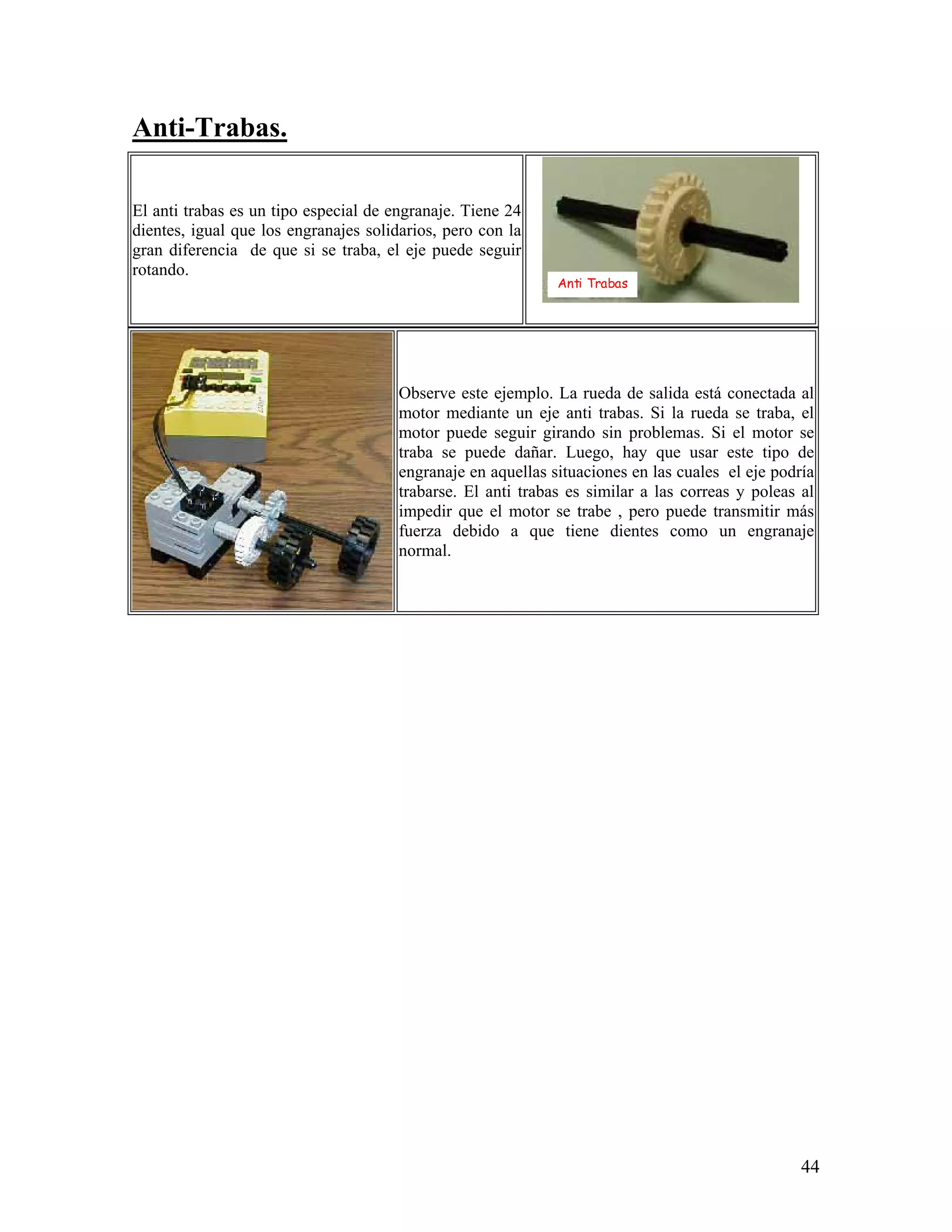 Anti-Trabas.

El anti trabas es un tipo especial de engranaje. Tiene 24
dientes, igual que los engranajes solidarios, pero con la
gran diferencia de que si se traba, el eje puede seguir
rotando.
                                                              Anti Trabas




                                       Observe este ejemplo. La rueda de salida está conectada al
                                       motor mediante un eje anti trabas. Si la rueda se traba, el
                                       motor puede seguir girando sin problemas. Si el motor se
                                       traba se puede dañar. Luego, hay que usar este tipo de
                                       engranaje en aquellas situaciones en las cuales el eje podría
                                       trabarse. El anti trabas es similar a las correas y poleas al
                                       impedir que el motor se trabe , pero puede transmitir más
                                       fuerza debido a que tiene dientes como un engranaje
                                       normal.




                                                                                                  44
 