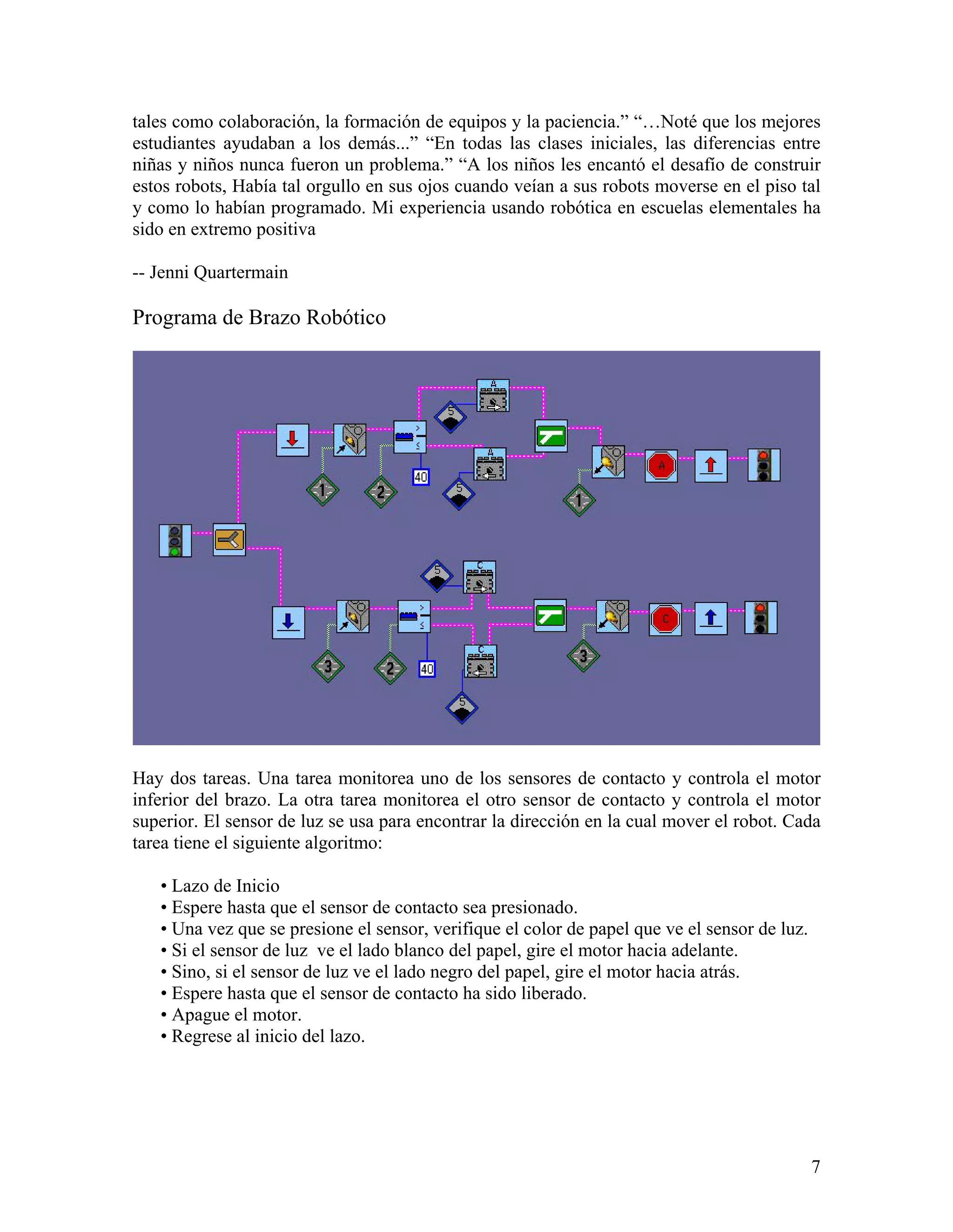 tales como colaboración, la formación de equipos y la paciencia.” “…Noté que los mejores
estudiantes ayudaban a los demás...” “En todas las clases iniciales, las diferencias entre
niñas y niños nunca fueron un problema.” “A los niños les encantó el desafío de construir
estos robots, Había tal orgullo en sus ojos cuando veían a sus robots moverse en el piso tal
y como lo habían programado. Mi experiencia usando robótica en escuelas elementales ha
sido en extremo positiva

-- Jenni Quartermain

Programa de Brazo Robótico




Hay dos tareas. Una tarea monitorea uno de los sensores de contacto y controla el motor
inferior del brazo. La otra tarea monitorea el otro sensor de contacto y controla el motor
superior. El sensor de luz se usa para encontrar la dirección en la cual mover el robot. Cada
tarea tiene el siguiente algoritmo:

   • Lazo de Inicio
   • Espere hasta que el sensor de contacto sea presionado.
   • Una vez que se presione el sensor, verifique el color de papel que ve el sensor de luz.
   • Si el sensor de luz ve el lado blanco del papel, gire el motor hacia adelante.
   • Sino, si el sensor de luz ve el lado negro del papel, gire el motor hacia atrás.
   • Espere hasta que el sensor de contacto ha sido liberado.
   • Apague el motor.
   • Regrese al inicio del lazo.




                                                                                               7
 